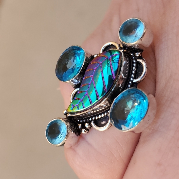 New Carved Rainbow Hematite and Blue Topaz 925 Silver Ring. - Picture 4 of 5